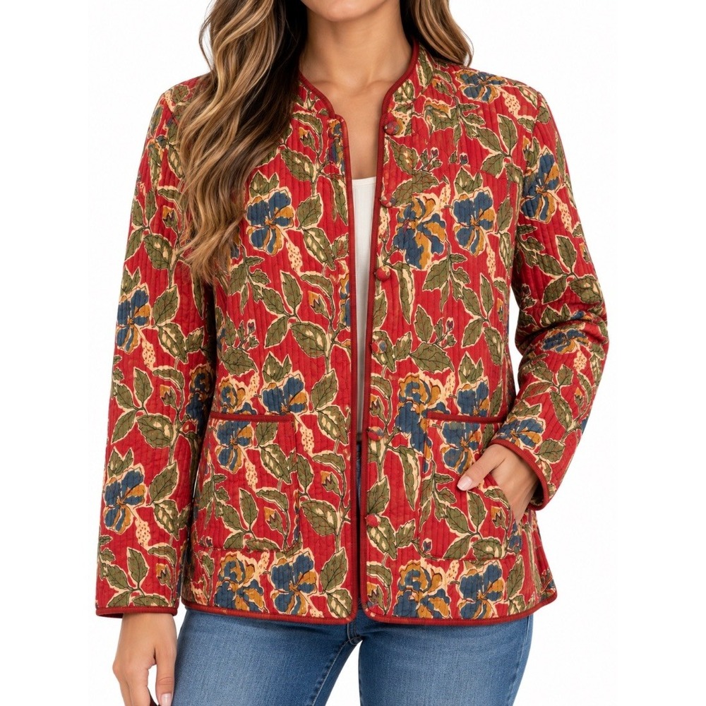 Orvis Womens Quilted Cotton Floral Jacket Coat Red Boho Block Print Size S